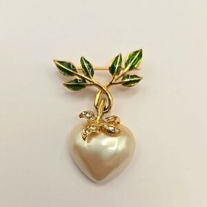 Joan Rivers Vintage Pearlesque Heart & Green Enamel Leaves Drop Brooch